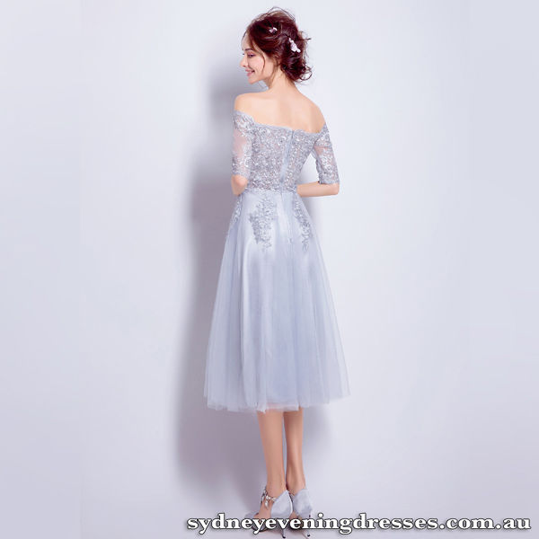Thumbnail: Aubrey Off The Shoulder Long Sleeve Lace Cocktail Dress in Grey