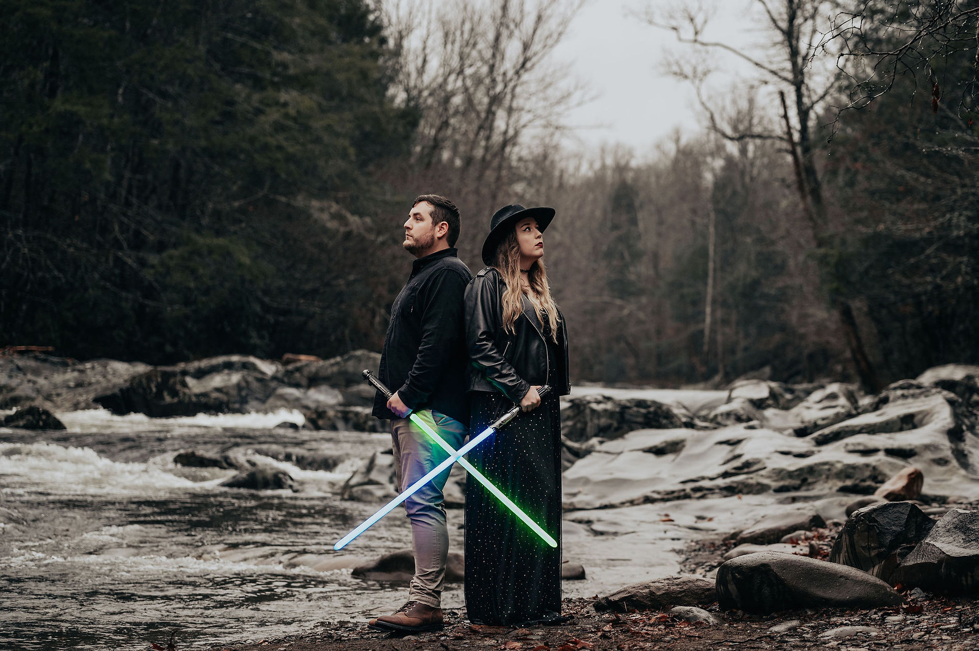 Moody Fandom-Themed Engagement Photos With Lightsabers and Wands