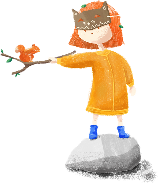 404 Illustrated girl holding a branch with a squirrel on top
