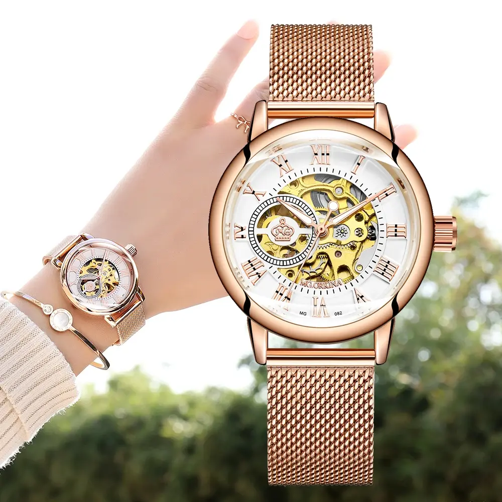 ORKINA Women Watch Automatic Mechanical Skeleton Chic Rose Gold