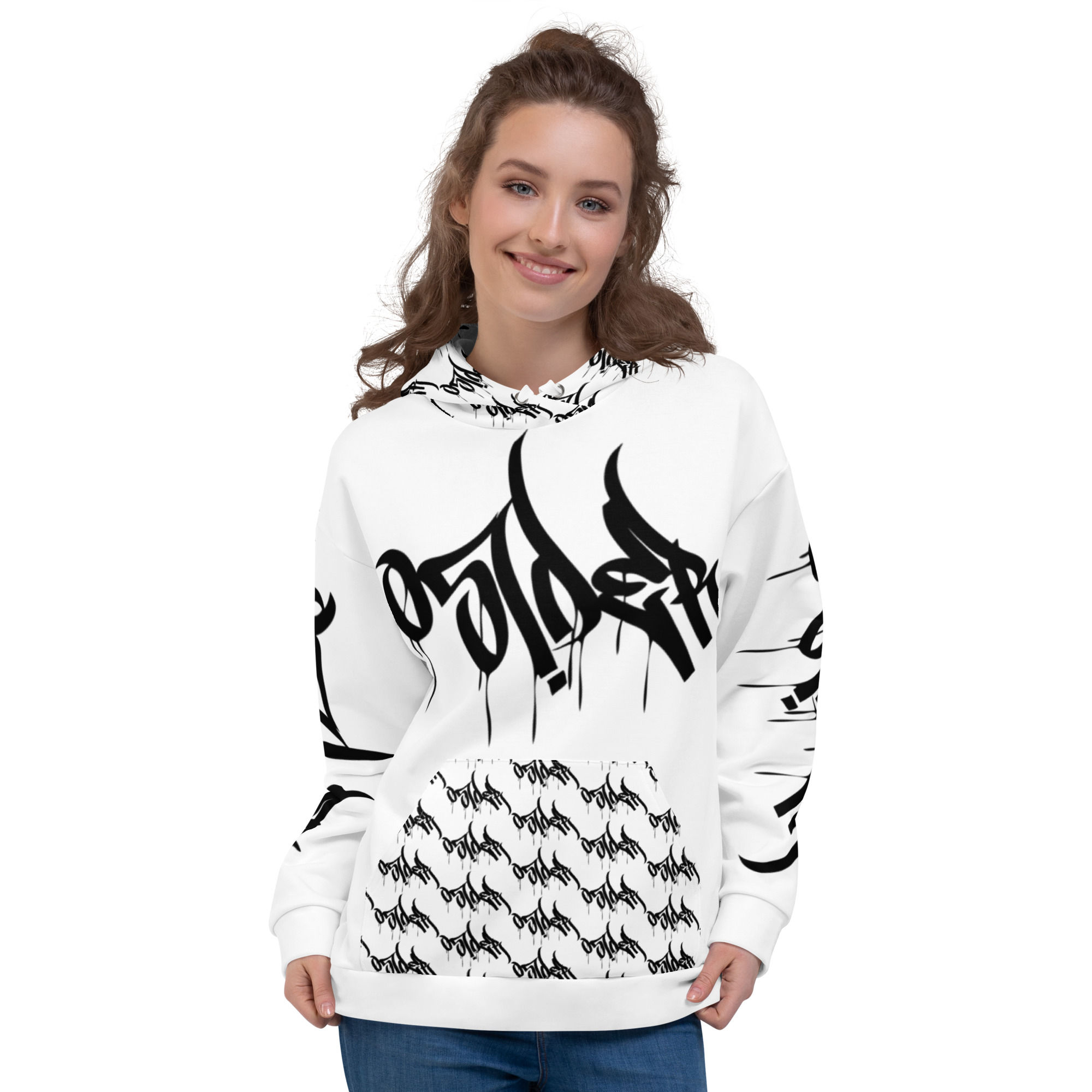 White hoodie with black graffiti text and Osider graphics.