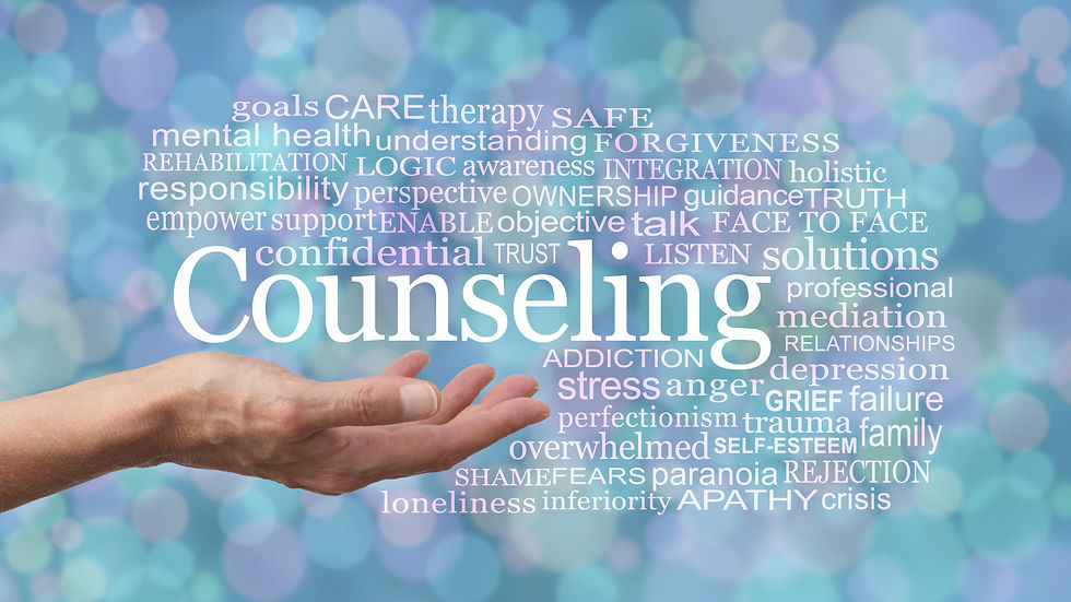 Words Associated with Counseling Word Cloud - female therapist with open palm and the word