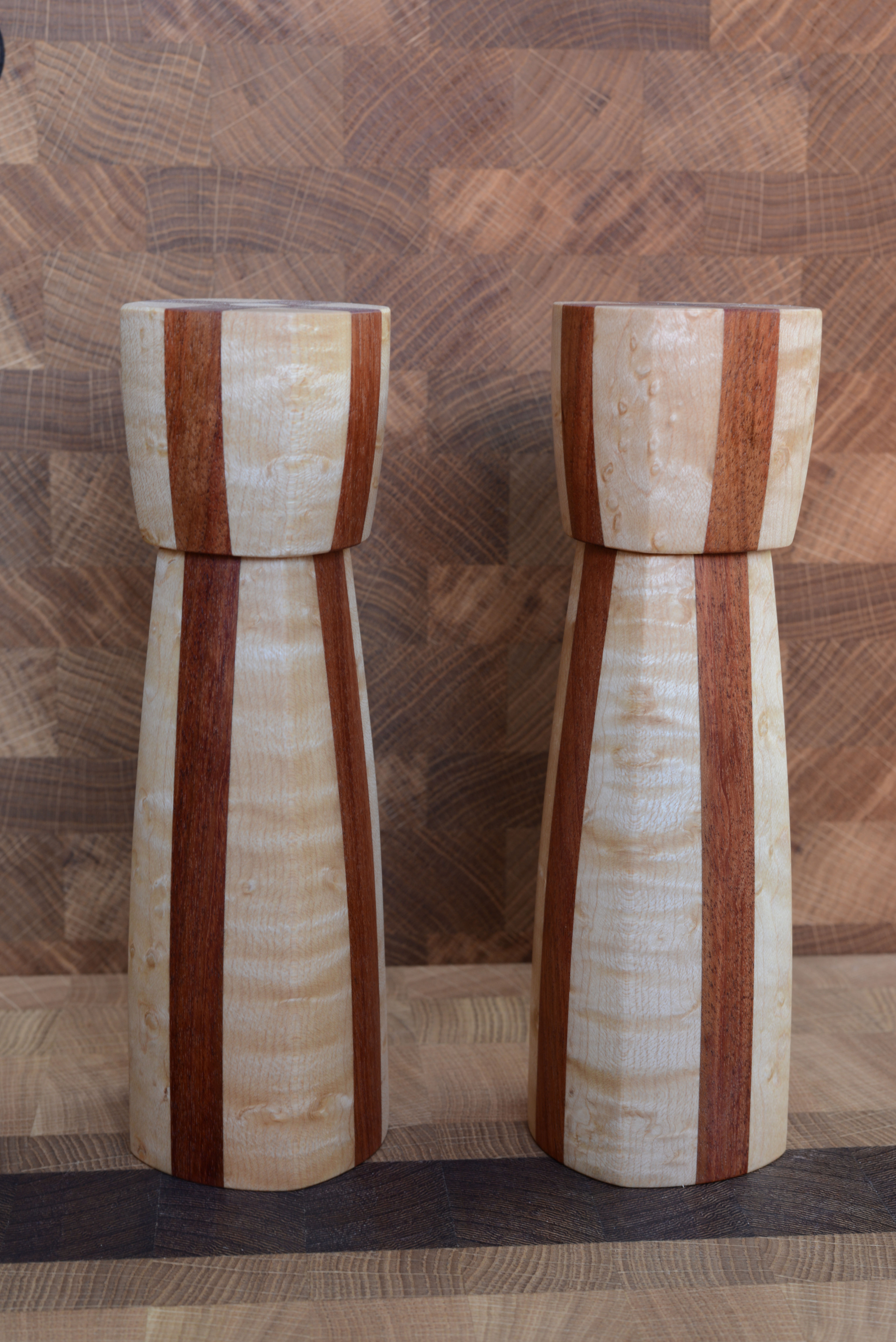 Pair of Salt and Pepper Mills, Birdseye Maple & Bubinga
