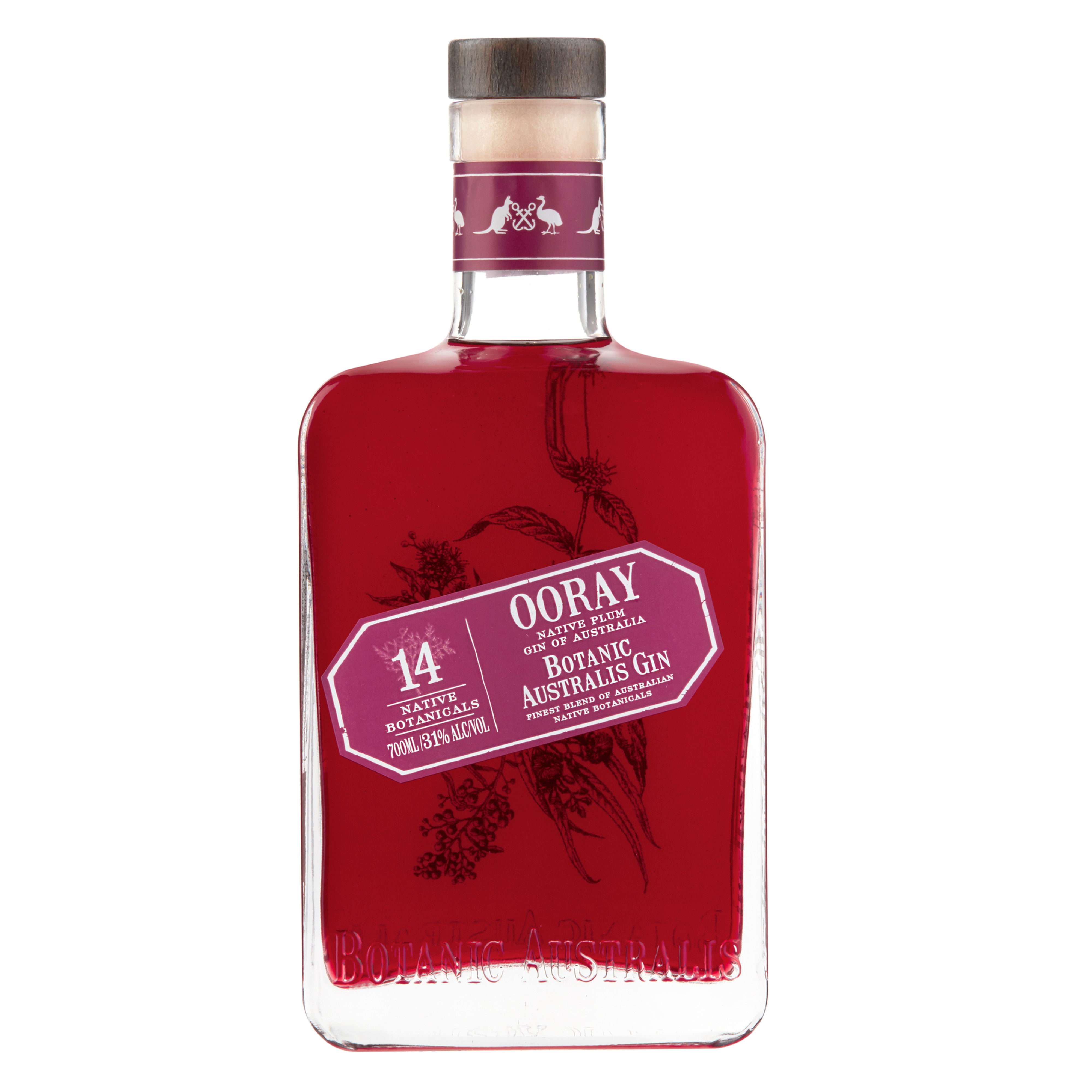 Botanic Australis Ooray Plum Gin bottle front view with a rich, dark red liquid and elegant label.