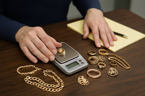 A person weighing inherited gold jewelry on a digital scale, surrounded by rings, necklaces, and bracelets on a wooden table in New Jersey.