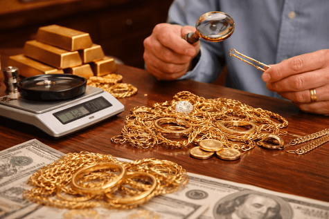 Gold jewelry and coins being inspected with a magnifying glass and weighed on a digital scale in a professional gold buyer’s office, showing how gold is evaluated before selling