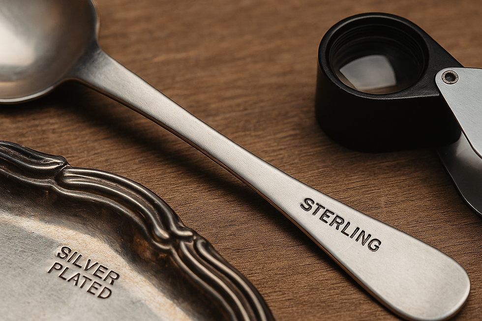 A sterling silver spoon stamped “STERLING” sits beside a silver-plated tray stamped “SILVER PLATED,” with a jeweler’s loupe nearby, showing the difference between sterling silver and silver-plated items.