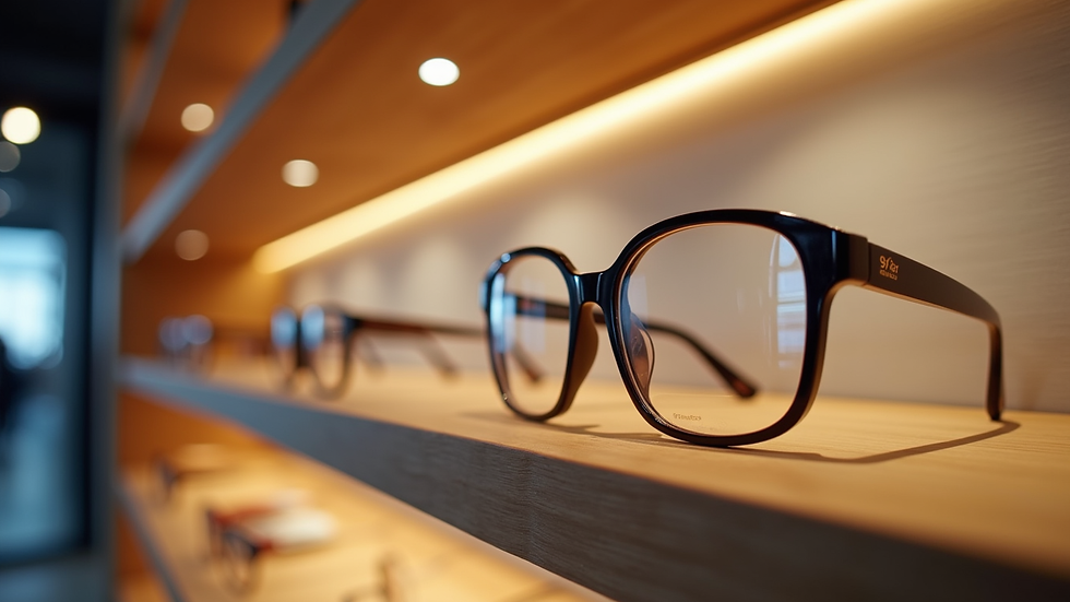 Eye-level view of modern eyeglasses displayed on a sleek wooden shelf