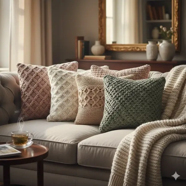 Sofá com almofadas em crochê