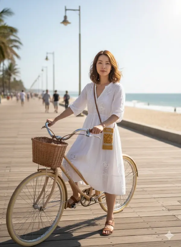 Mulher de bicicleta na praia usando phone bag sunrise da Crocheteria