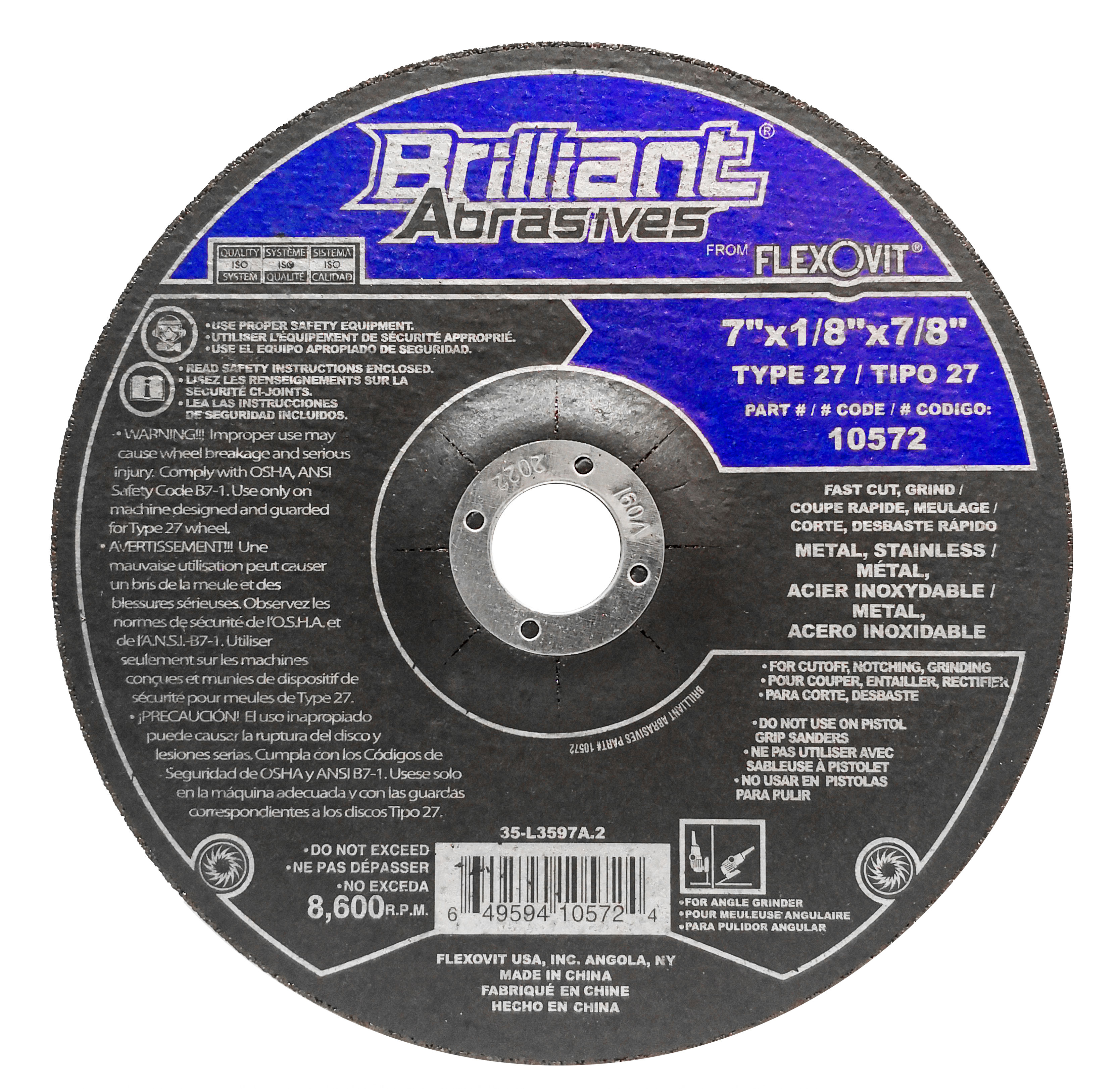 DISCO FLEXOVIT DE CORTE  DE 7" X 1/8" X 7/8"