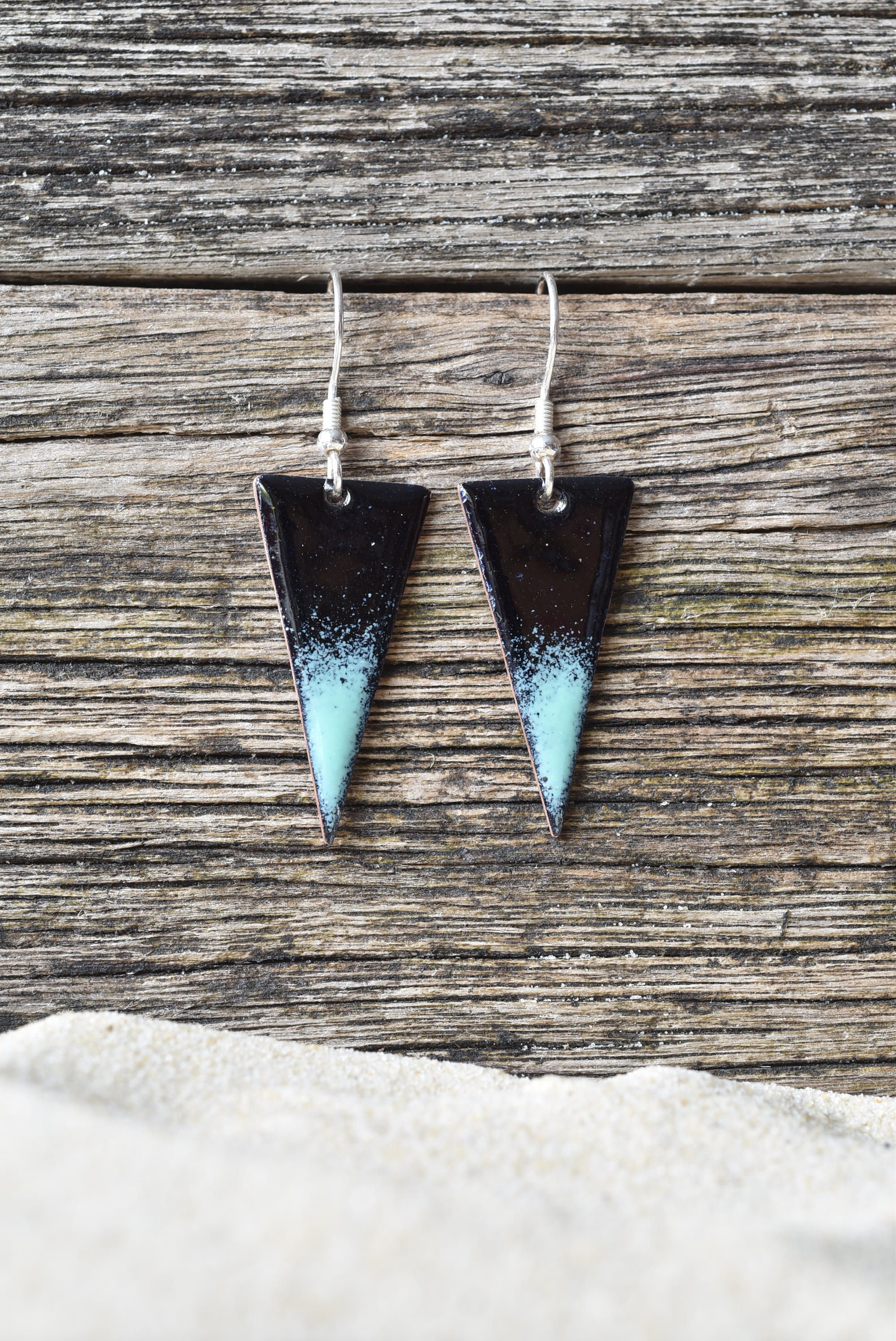 Black and mint green triangle earrings