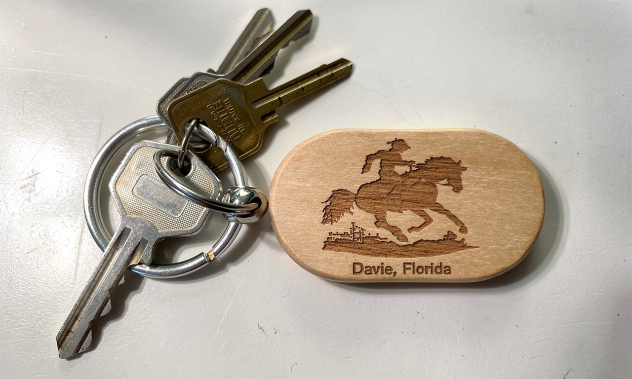 Wood Oval Key Chain Davie FL Logo