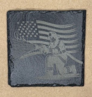 Firefighter With Hose In Front of American Flag Slate Coaster