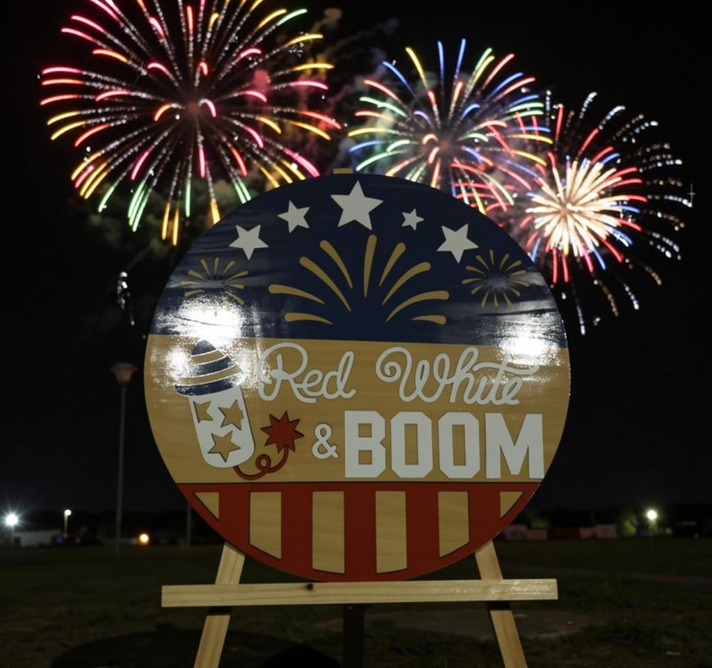Red White and Boom Round Sign