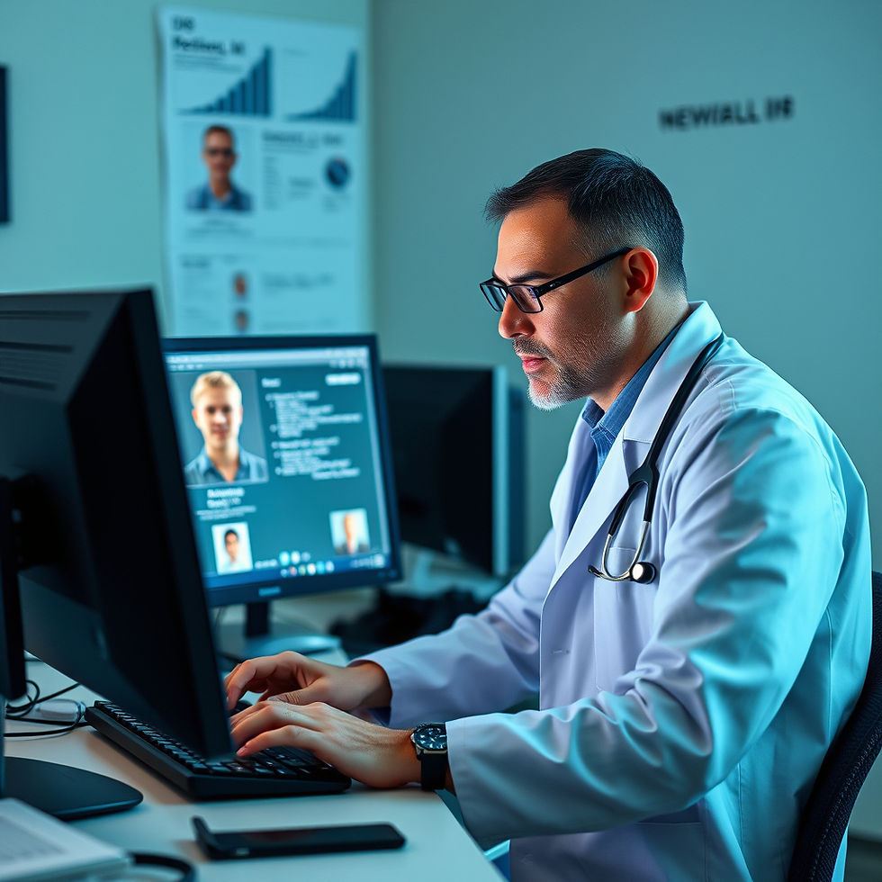 Doctor in white coat and glasses types at dual monitors showing patient profiles and charts in a blue-lit clinic office.