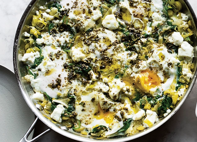 Braised eggs with leeks and preserved lemons