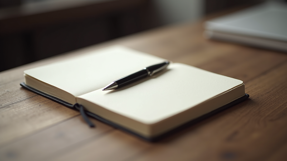 Close-up view of a journal and pen on a wooden table, symbolizing personal reflection and growth
