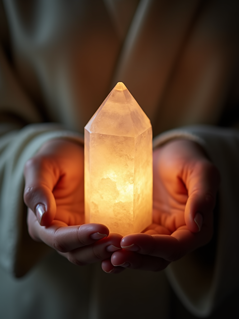 A close-up of a hand holding a glowing crystal, symbolizing inner peace and spiritual conn