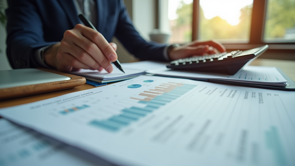 Eye-level view of a financial planner's desk with a calculator and financial documents