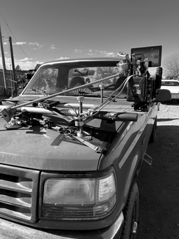 Camera rig mounted on pickup truck during Boot Barn Westward campaign filming in Marfa Texas
