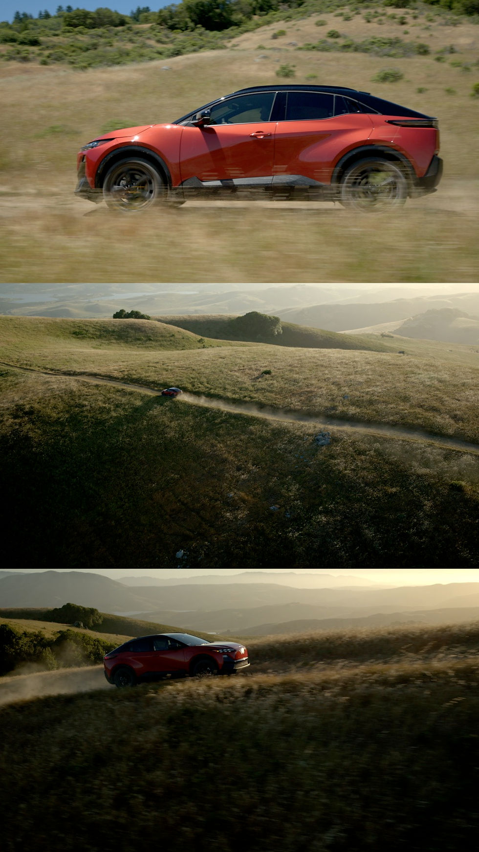 The 2026 Subaru Uncharted EV driving along a winding dirt trail in the golden hills of Santa Rosa at sunset, captured during an adventure campaign shoot.
