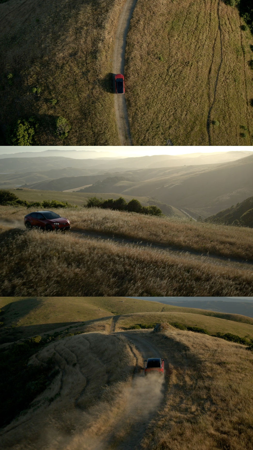 The 2026 Subaru Uncharted EV driving along a winding dirt trail in the golden hills of Santa Rosa at sunset, captured during an adventure campaign shoot.