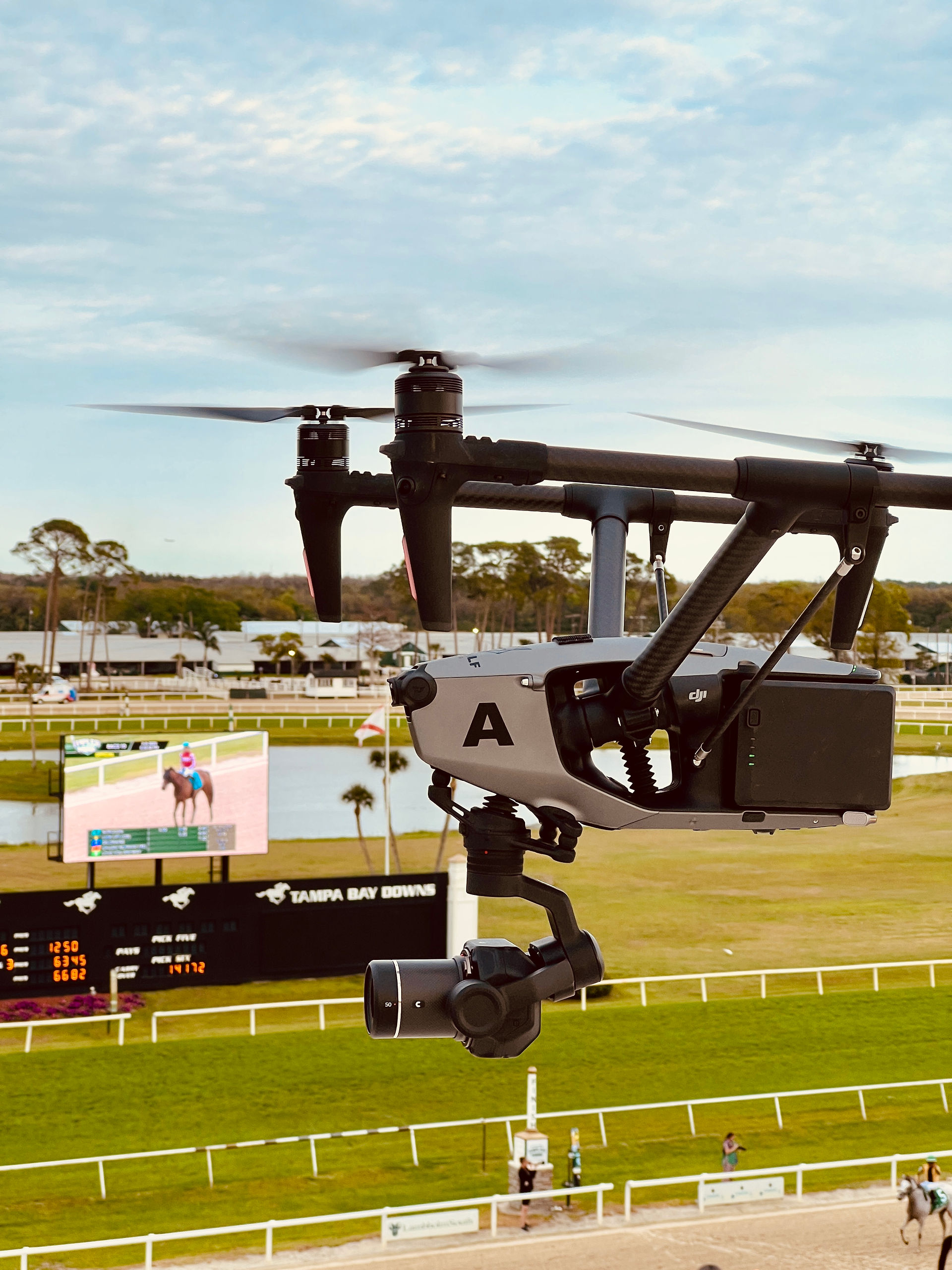 DJI Inspire 3 drone capturing aerials at Tampa Bay Derby racetrack.