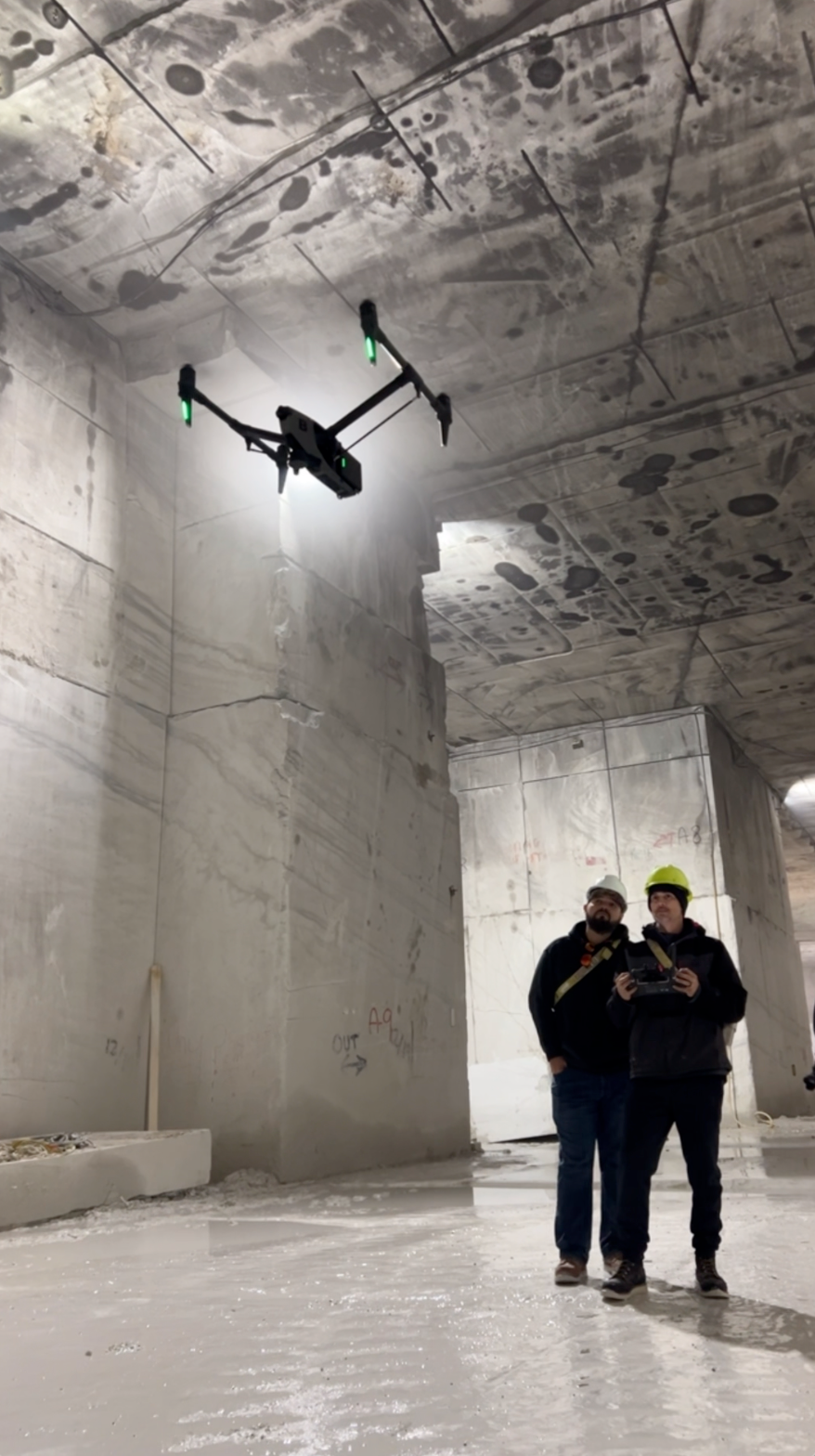 DJI Inspire 3 test flight inside Danby Marble Quarry during an Underground Drone Cinematography scout nearly 2,000 feet below the surface.