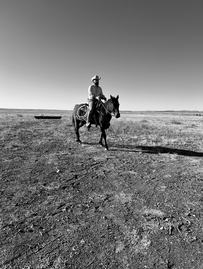 Cowboy riding horseback across desert landscape during Boot Barn Westward campaign filming in Marfa Texas