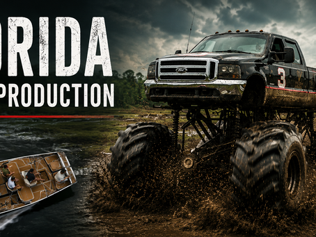 Florida Drone Production: a lifted truck flying an American flag splashes through mud beside an airboat.