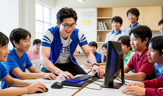 大学生プロゲーマーが中学生くらいの子供の生徒にPCゲームを教えている 日本人.jpg