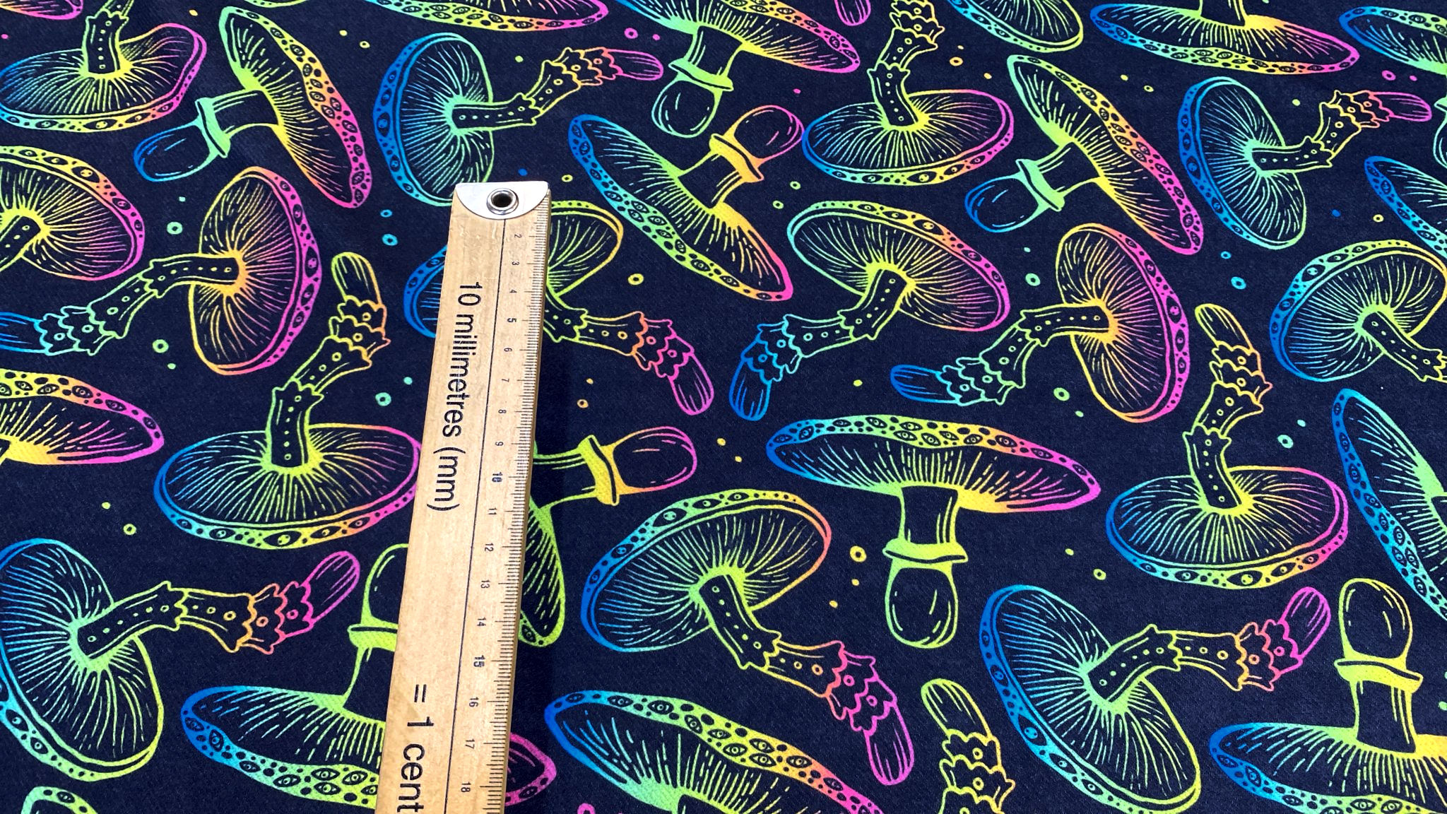 3m for £9 Rainbow Mushrooms Black Scuba Twill (WH741)