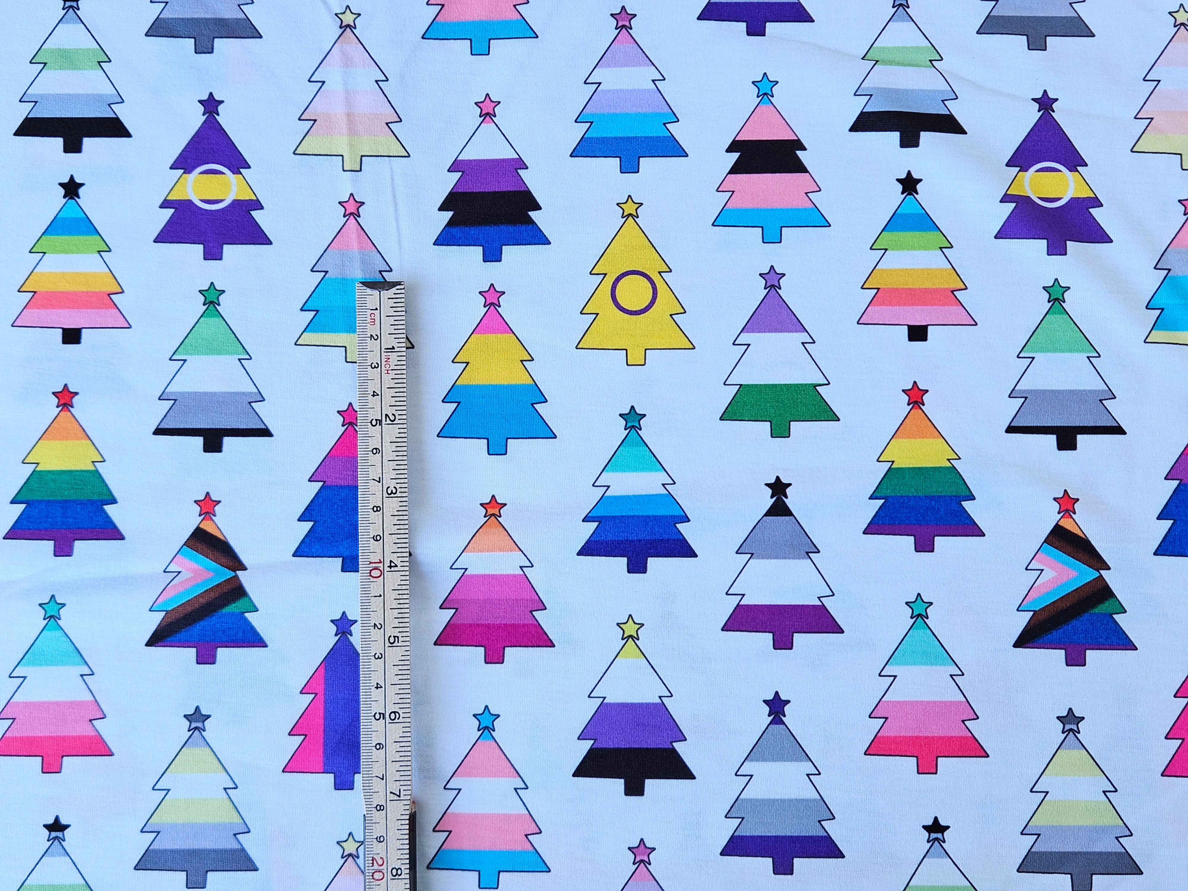 EXCLUSIVE LGBTQIA+ Christmas Trees on White (Spun Polyester Elastane)