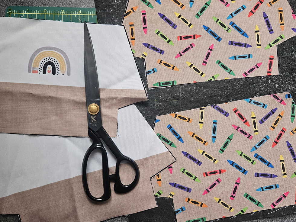 Image shows pouch main and lining pieces laid on black fusible interfacing with black dress making scissors on top.