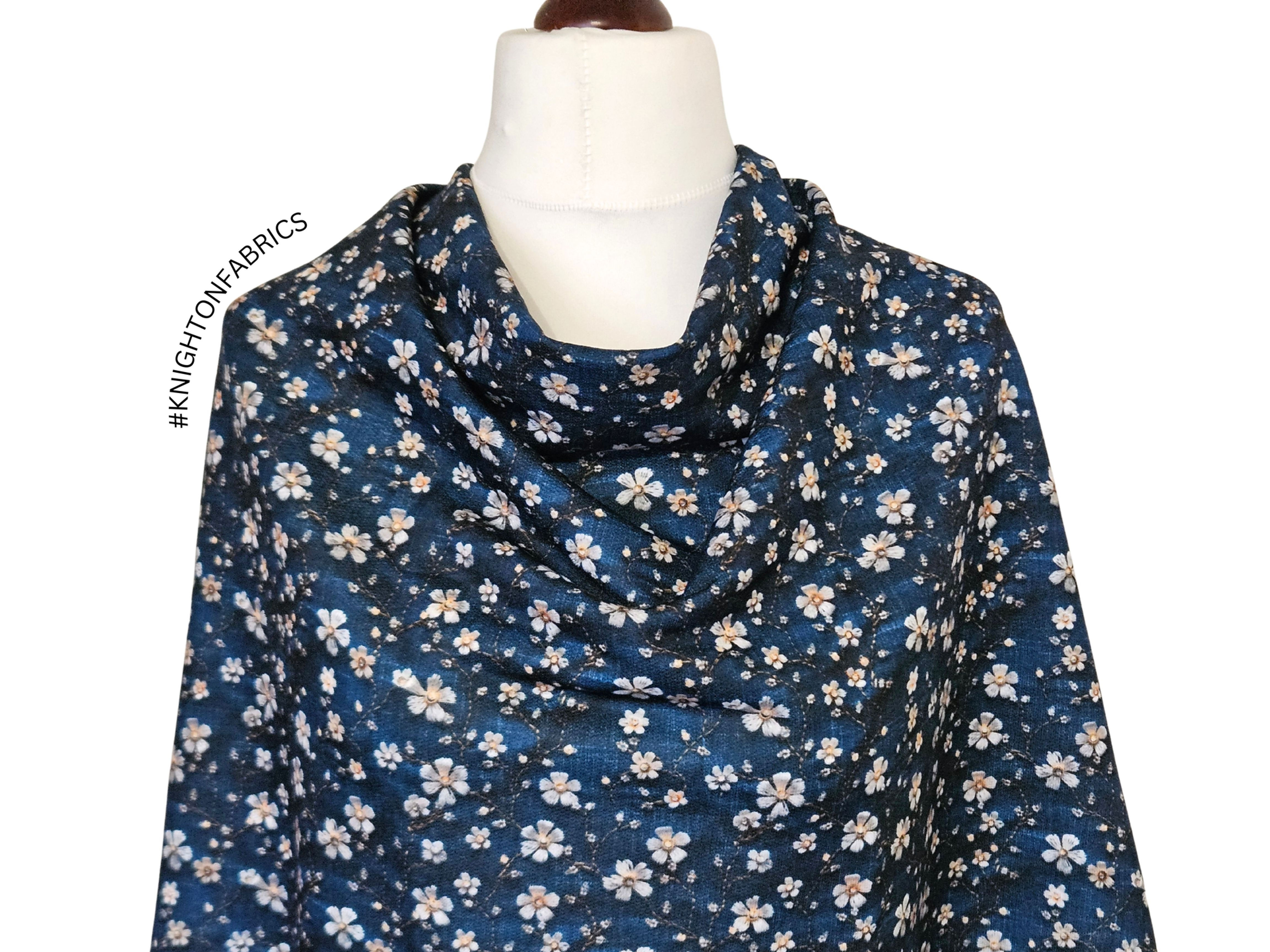 3m for £10 Denim Effect with Floral 3D Embroidery Effect - French Terry (WH1740)