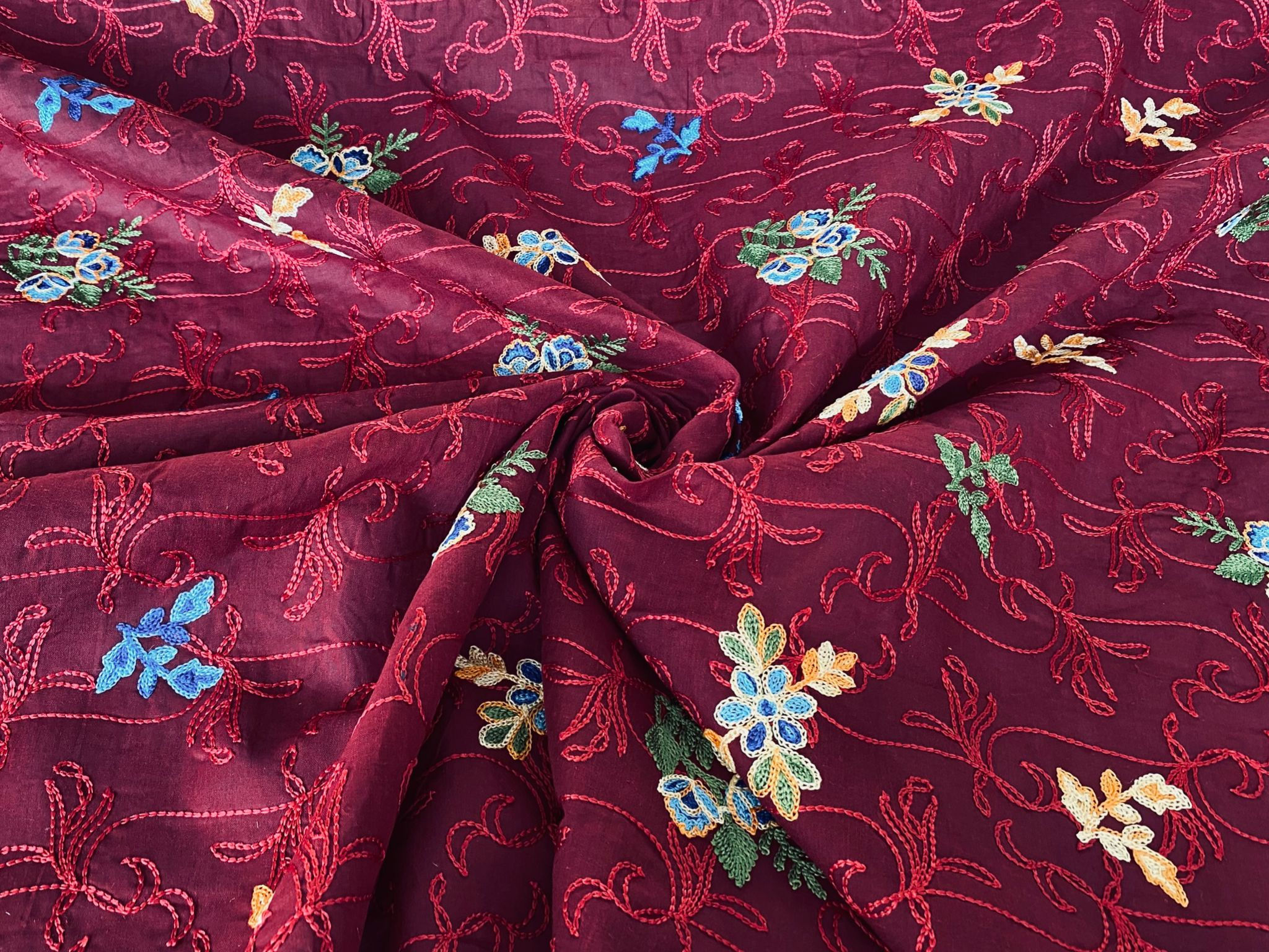 1.5m for£4.5 Wine Broderie Anglaise Blue/Orange/Green Embroidered Flowers (BA17)