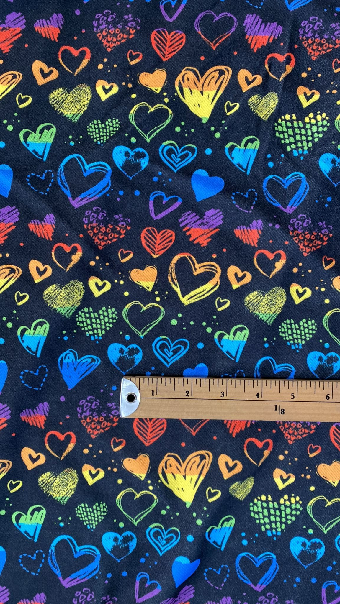 3m for £9 Rainbow Heart Drawings Black on Scuba Twill (WH130)