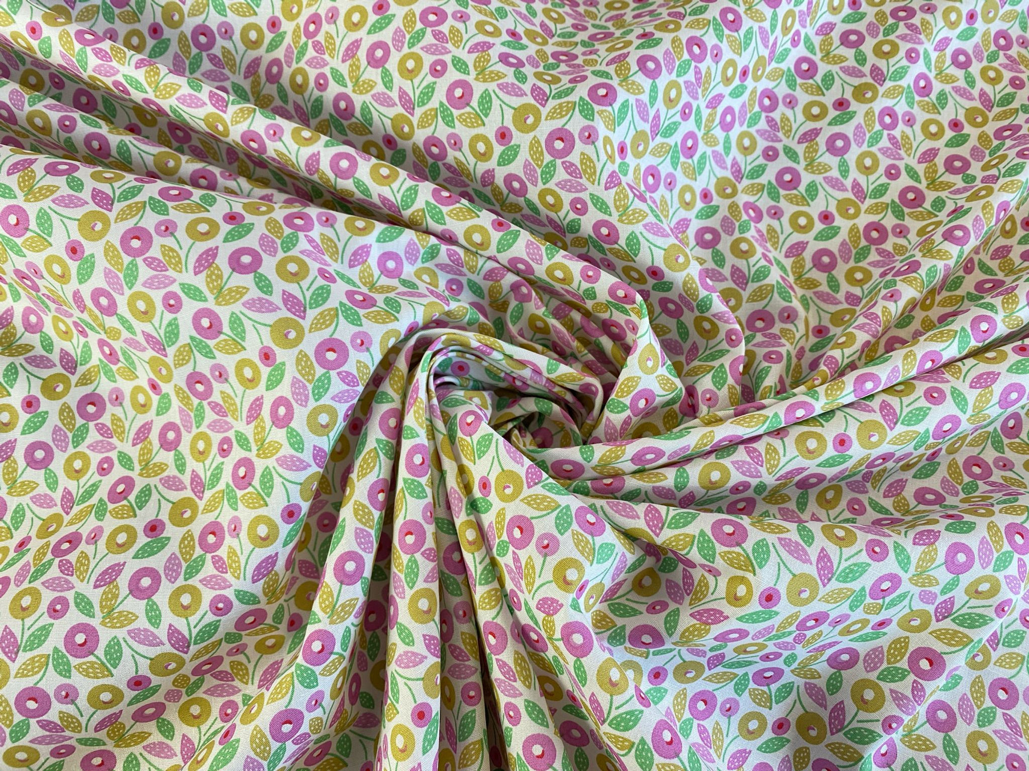 Fucshia/Lime Ditsy Floral on White - 100% Woven Cotton