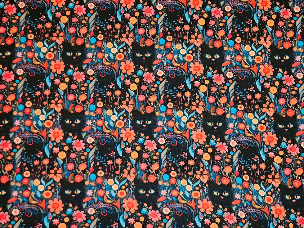 Thumbnail: 3m for £9 Flower Black Cats - Spun Polyester Elastane (WH1734)