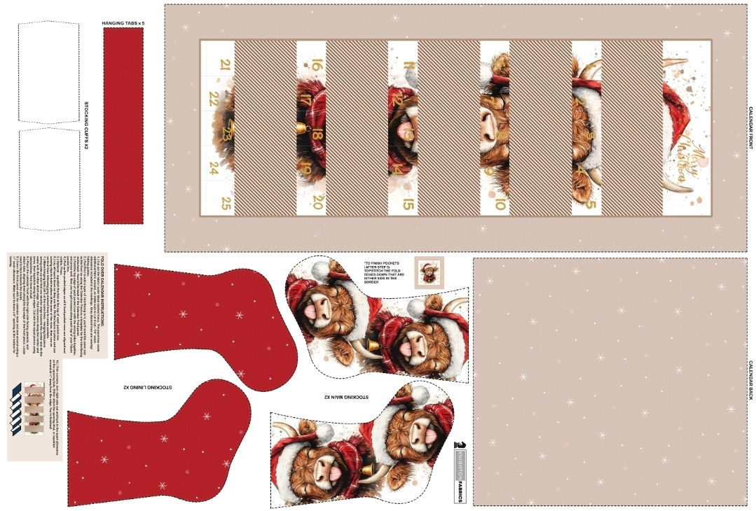 Santa Highland Cow Calendar & Stocking Panel (Woven Polyester)