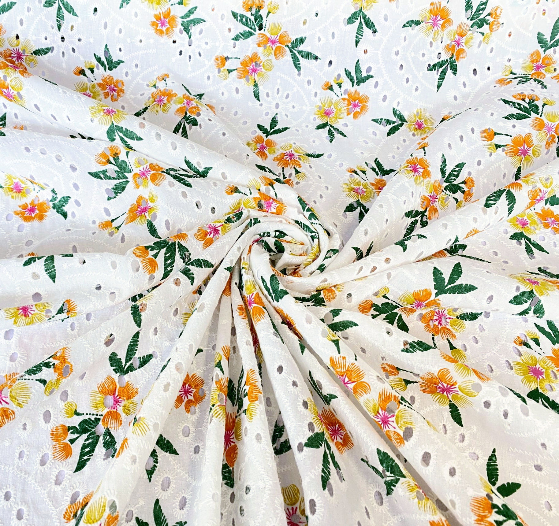 White Broderie Anglaise with Yellow/Orange/Pink Printed Flowers (BA41)