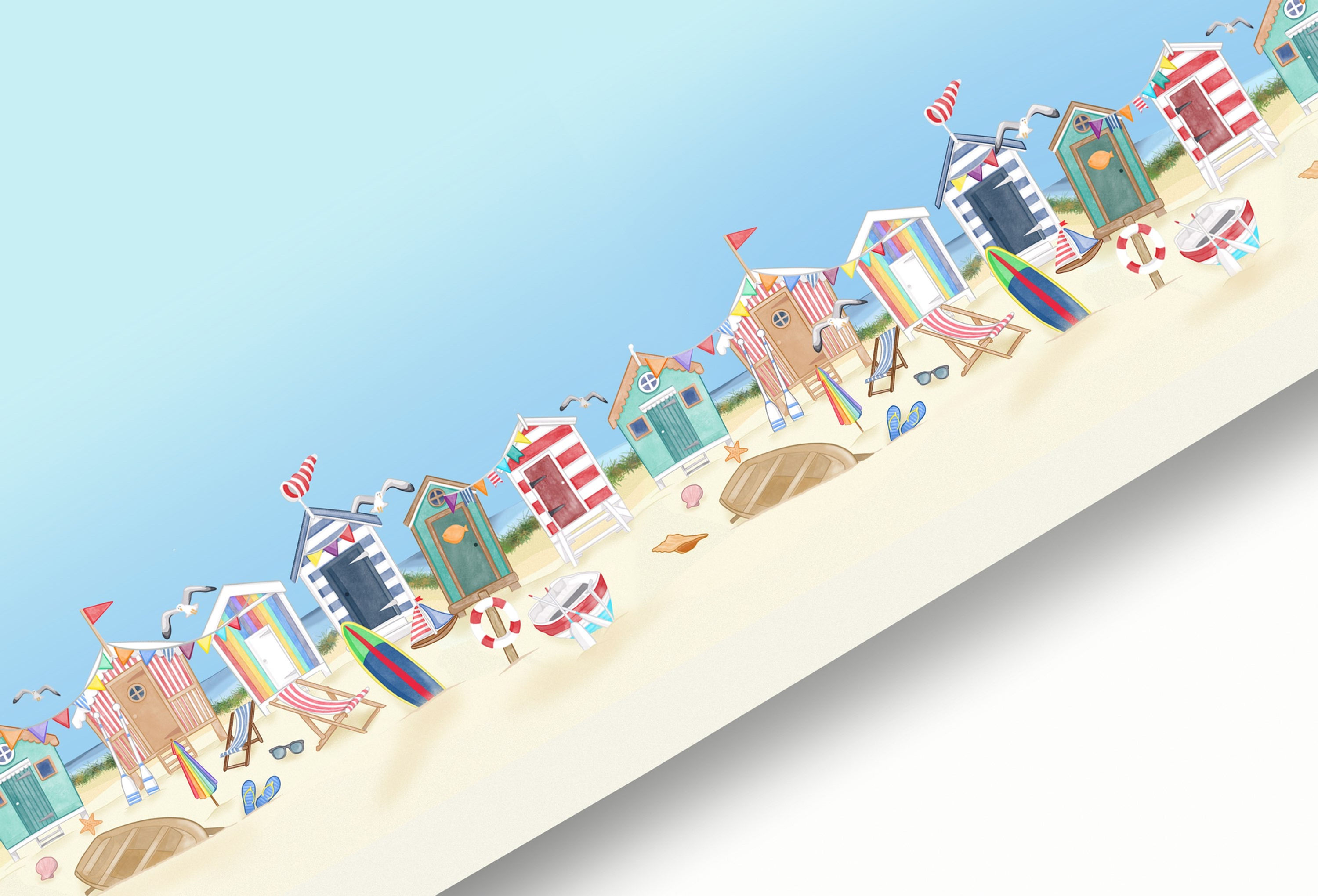 EXCLUSIVE Double Border Print Watercolour Effect Beach Huts