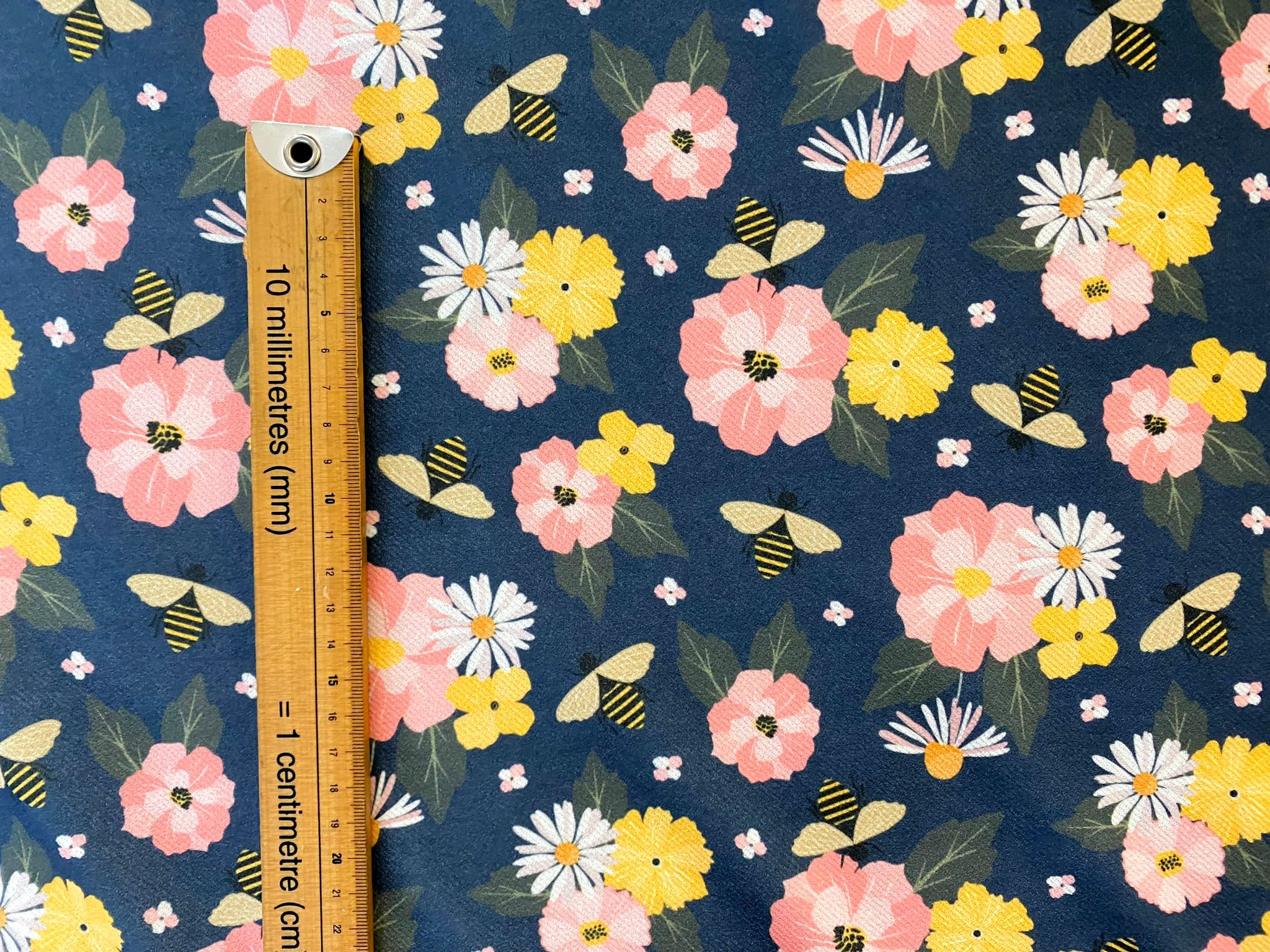 3m for £9 Daisies Yellow/Pink Flowers Bees Navy Scuba Twill (WH150)