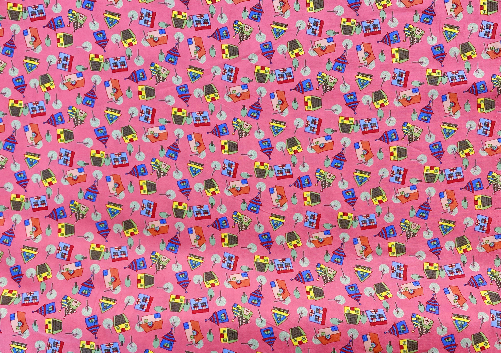 Houses and Trees on Pink 100% Cotton (Woven)