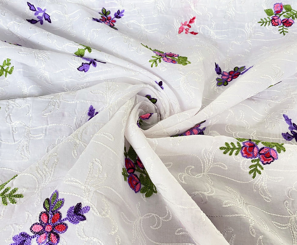 Thumbnail: 3m for £9 White Broderie Anglaise Pink/Purple Embroidered Flowers (BA12)