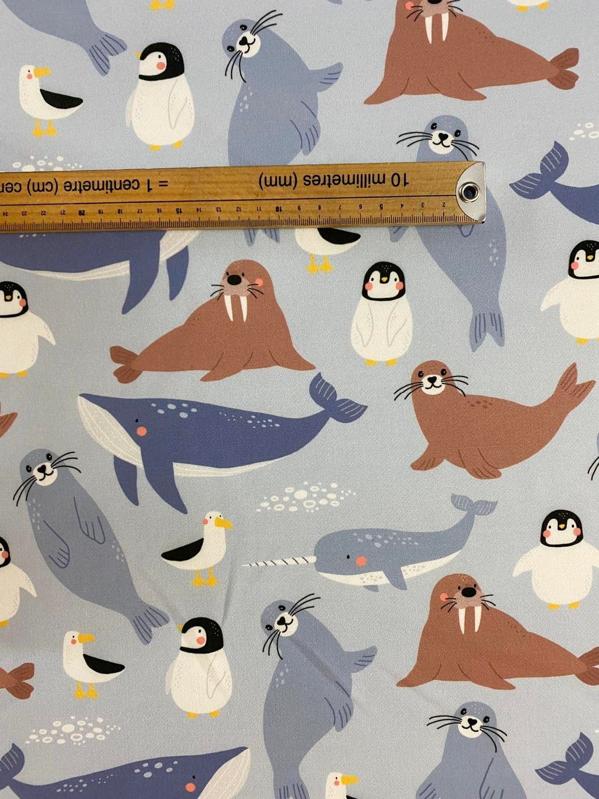 3m for £9 Whales/Seals/Narwhal/Penguins Blue Scuba Twill (WH07)