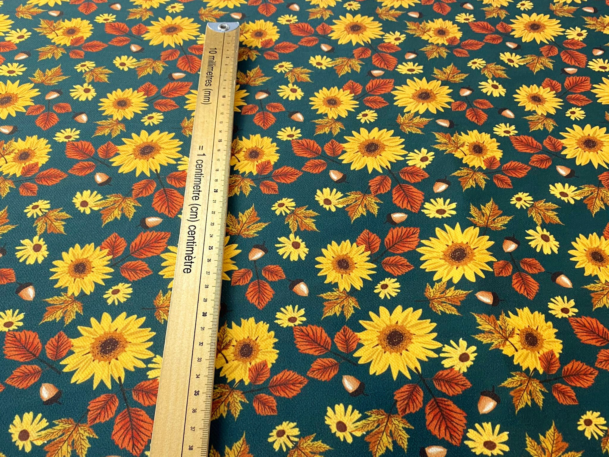 3m for £9 Sunflower & Acorns on Dark Green - Scuba Twill (WH1125)