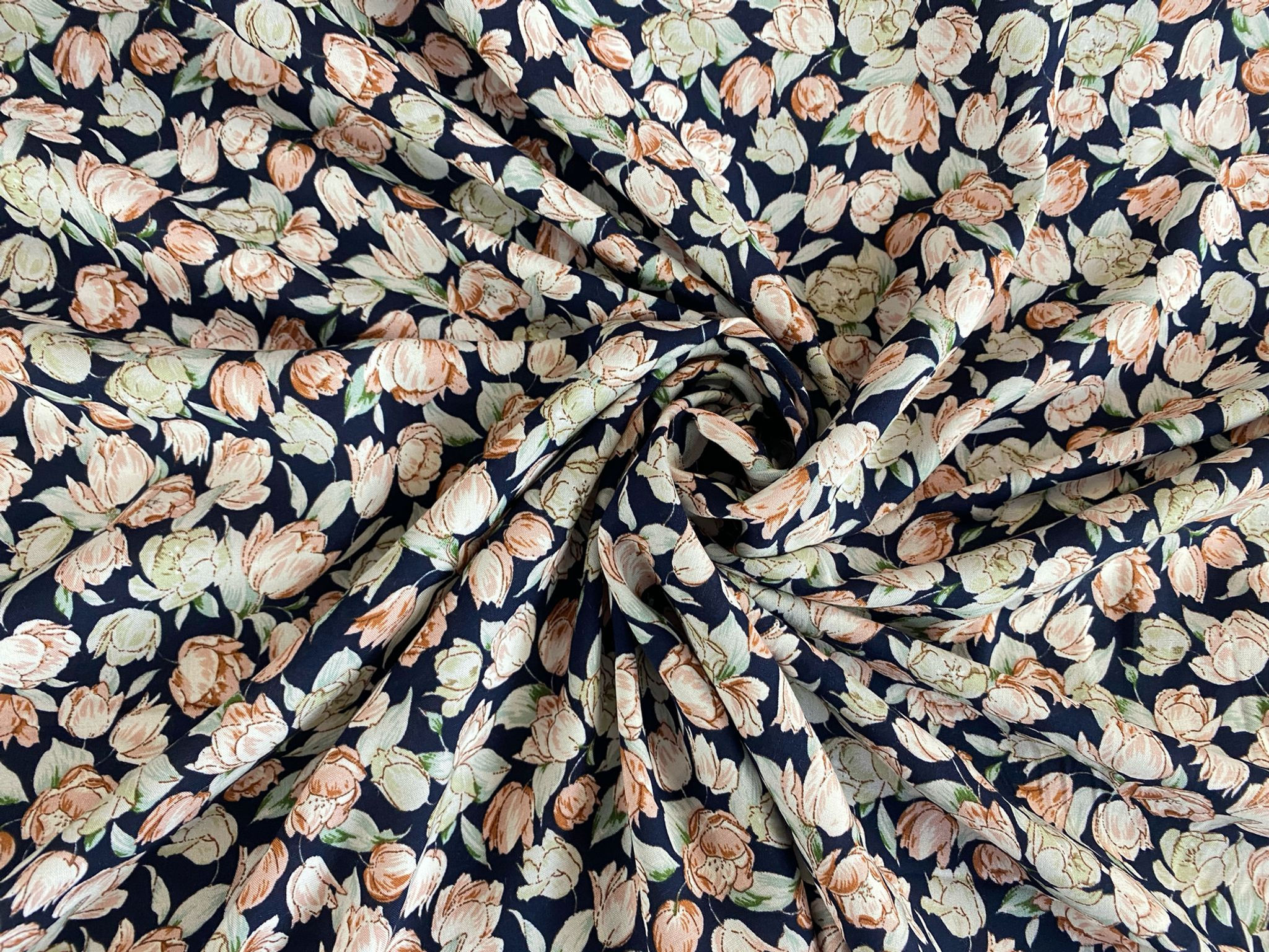 Tulips & Foliage on Navy - Woven Viscose