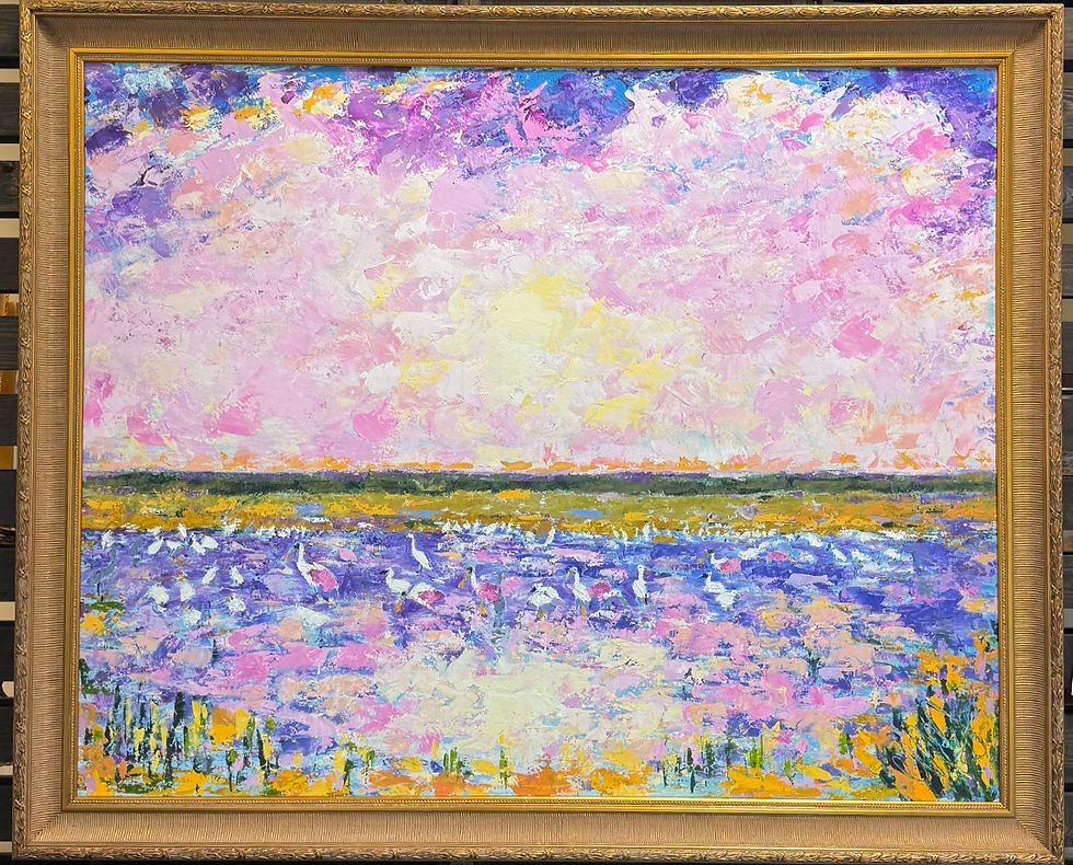 Thumbnail: Original Florida wetland oil painting with white wading birds and roseate spoonbills beneath a luminous sky.
